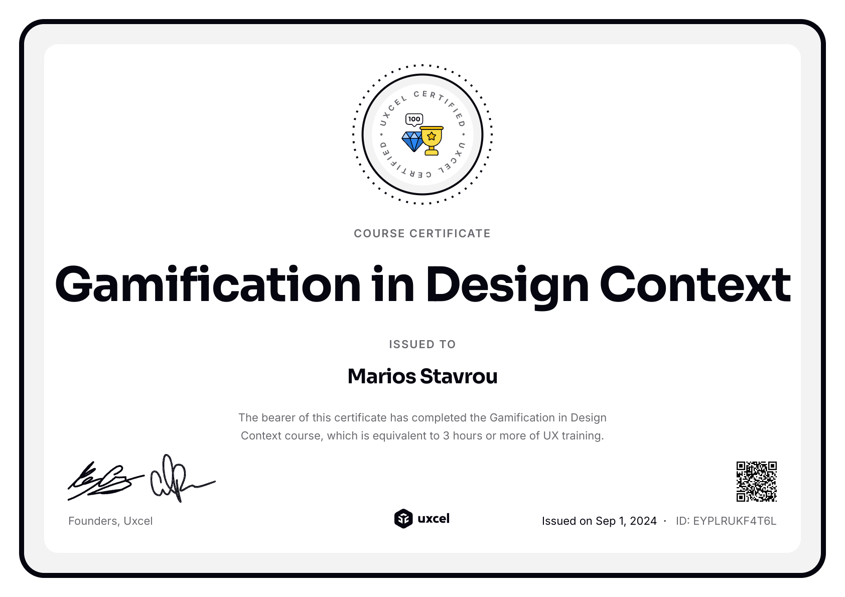 Marios Stavrou's certificate